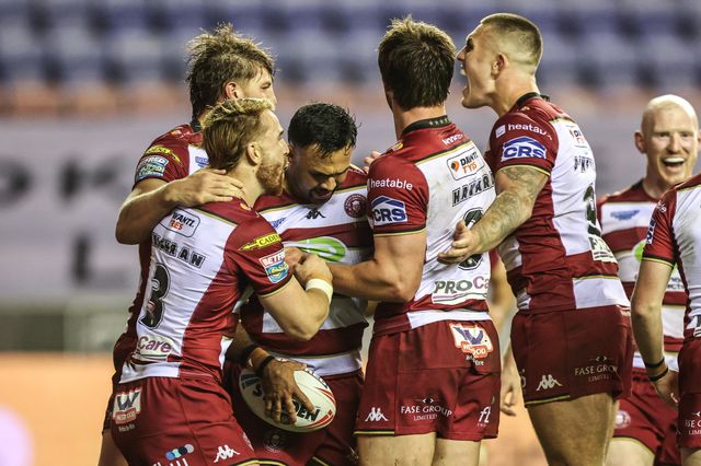 Bevan French of Wigan Warriors celebrates his try during the Betfred Super League Semi Final 1 match Wigan Warriors vs Leigh Leopards at The Brick Community Stadium, Wigan, United Kingdom, 3rd October 2025

(Photo by Alfie Cosgrove/News Images)