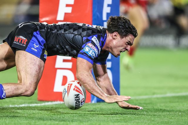 Brodie Croft of Leeds Rhinos celebrates as he goes over for a try in the final minutes of the game during the Betfred Super League round 21 match Leigh Leopards vs Leeds Rhinos at Leigh Sports Village, Leigh, United Kingdom, 7th August 2025

(Photo by Alfie Cosgrove/News Images)