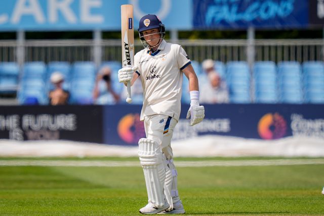 Harry Came of Derbyshire celebrates reaching his 50 by raising his bat to acknowledge the dressing room cheering his half century during the County Championship Division Two Derbyshire vs Northamptonshire day one match at The Central Co-Op County Ground, Derby, United Kingdom on 08 May 2026

(Photo by Maynard Manyowa/News Images)