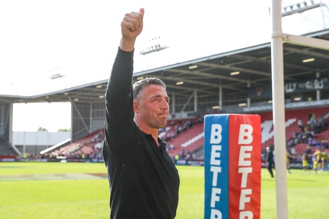 Sam Burgess Head Coach of Warrington Wolves celebrates his teams win after the Betfred Challenge Cup Semi-final match Warrington Wolves vs Leigh Leopards at Totally Wicked Stadium, St Helens, United Kingdom, 11th May 2025

(Photo by Gareth Evans/News Images)