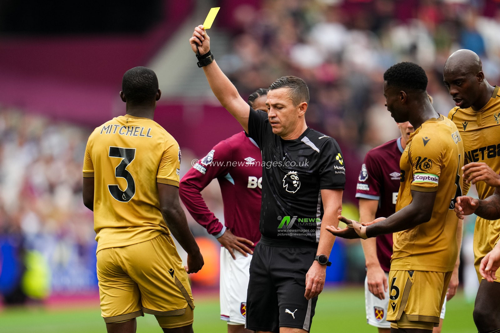 Tyrick Mitchell of Crystal Palace is yellow carded during the Premier League match West Ham United vs Crystal Palace at London Stadium, London, United Kingdom, 20th September 2025

(Photo by Harvey Murphy/News Images)