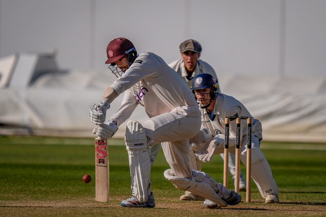 George Scrimshaw  defends the ball during the County Championship Division Two Derbyshire vs Northamptonshire day four match at The Central Co-Op County Ground, Derby, United Kingdom on 11 May 2026

(Photo by Maynard Manyowa/News Images)