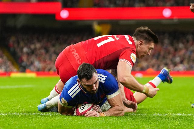 Charles Ollivon of France scores a try for his team during the Guinness Six Nations match Wales vs France at Principality Stadium, Cardiff, United Kingdom, 15th February 2026

(Photo by Andrew Lewis/News Images)
