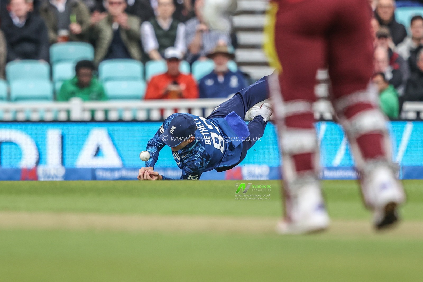 Jacob Bethell of England drops the ball during the 3rd Metro Bank ODI England v West Indies at The Kia Oval, London, United Kingdom, 3rd June 2025

(Photo by Alfie Cosgrove/News Images)