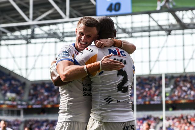 Maika Sivo of Leeds Rhinos celebrates his try during the Betfred Super League Magic Weekend match Leeds Rhinos vs Bradford Bulls at Hill Dickinson Stadium, Liverpool, United Kingdom on 05 July 2026

(Photo by Alfie Cosgrove/News Images)