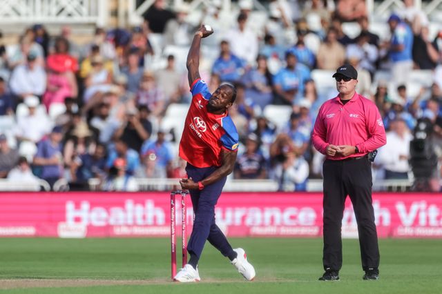 Jofra Archer of England delivers the ball during the Third Vitality T20 International match England vs India at Trent Bridge, Nottingham, United Kingdom on 07 July 2026

(Photo by Mark Cosgrove/News Images)