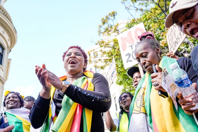 UK-based Zimbabweans gather outside the Zimbabwe Embassy in London on 18 April 2026 to protest the Constitution of Zimbabwe Amendment (No. 3) Bill, which critics say would extend President Mnangagwa’s rule until 2030 and strip citizens of the direct vote for president.

(Photo by Maynard Manyowa/News Images)