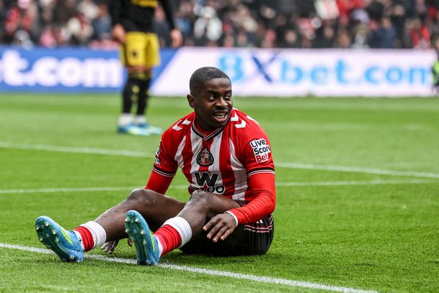 Noah Sadiki of Sunderland reacts to a missed chance on goal during the Premier League match Sunderland vs Manchester United at Stadium Of Light, Sunderland, United Kingdom on 09 May 2026

(Photo by Alfie Cosgrove/News Images)