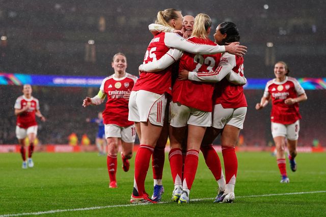 Arsenal women players celebrate third goal during the UEFA Women's Champions League Quarter-finals match Arsenal vs Chelsea at Arsenal Stadium, London, United Kingdom on 24 March 2026

(Photo by Harvey Murphy/News Images)