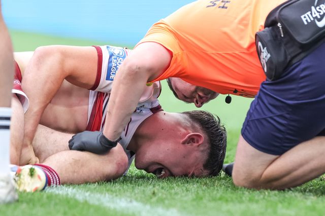 Nathan Lowe of Wigan Warriors receives treatment during the Betfred Super League Magic Weekend match Wigan Warriors vs St Helens at Hill Dickinson Stadium, Liverpool, United Kingdom on 05 July 2026

(Photo by Mark Cosgrove/News Images)