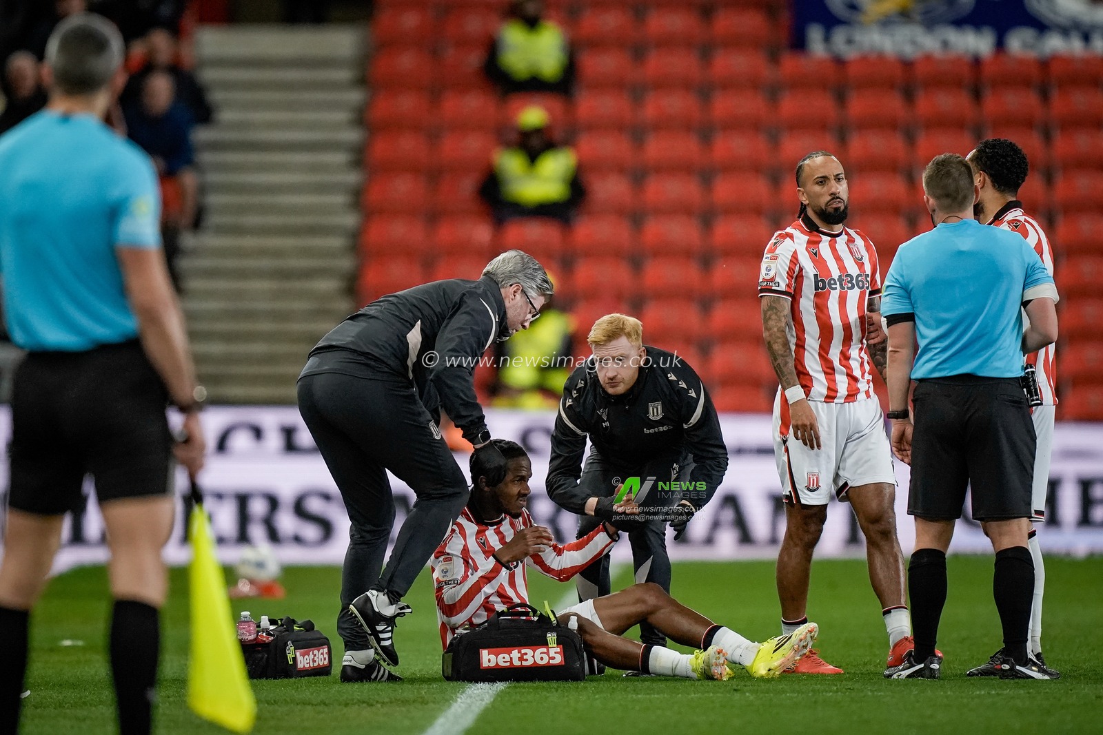 Eric Bocat of Stoke City goes down injured during the Sky Bet Championship match Stoke City vs Millwall at Bet365 Stadium, Stoke On Trent, United Kingdom on 21 April 2026

(Photo by Maynard Manyowa/News Images)