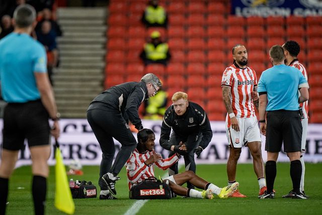 Eric Bocat of Stoke City goes down injured during the Sky Bet Championship match Stoke City vs Millwall at Bet365 Stadium, Stoke On Trent, United Kingdom on 21 April 2026

(Photo by Maynard Manyowa/News Images)
