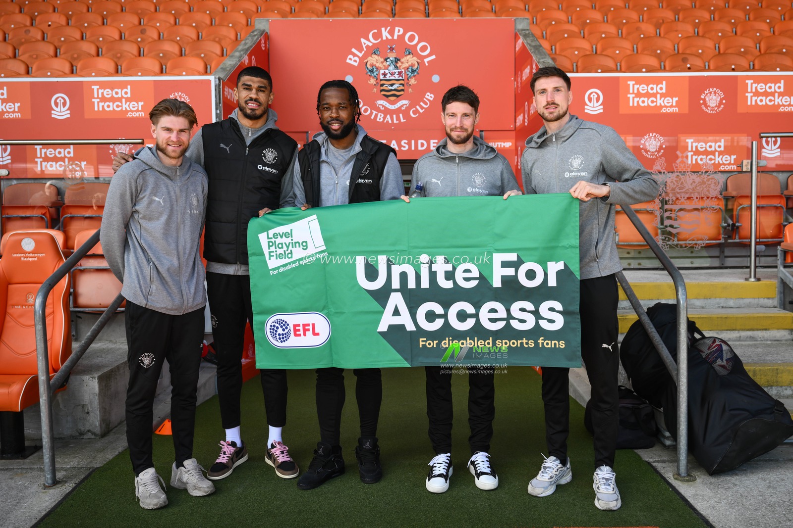 Blackpool players with the a Unite For Access banner ahead of the Sky Bet League 1 match Blackpool vs Leyton Orient at Bloomfield Road, Blackpool, United Kingdom, 15th March 2025

(Photo by Craig Thomas/News Images)
