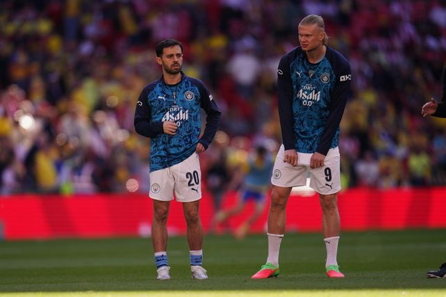 Bernardo Silva of Manchester City and Erling Haland of Manchester City ahead of the Emirates FA Cup Semi-Final match Manchester City vs Southampton at Wembley Stadium, London, United Kingdom on 25 April 2026

(Photo by Harvey Murphy/News Images)