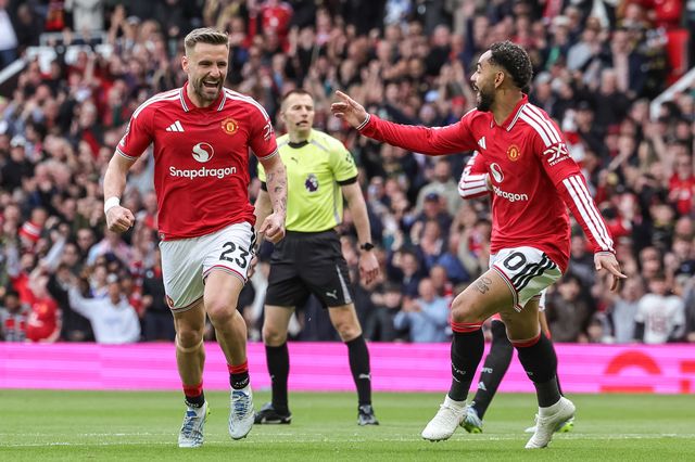 Luke Shaw of Manchester United celebrates his goal to make it 1-0 with team mates during the Premier League match Manchester United vs Nottingham Forest at Old Trafford, Manchester, United Kingdom on 17 May 2026

(Photo by Mark Cosgrove/News Images)