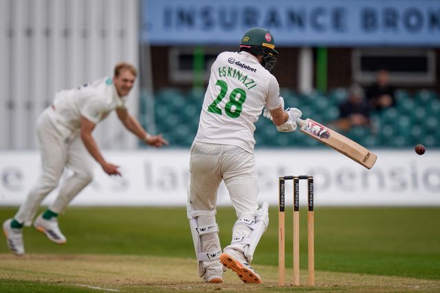 Stephen Eskinazi cuts the ball for four during the County Championship Division One day 3 Leicestershire vs Nottinghamshire at Grace Road, Leicester, United Kingdom on 03 May 2026

(Photo by Maynard Manyowa/News Images)