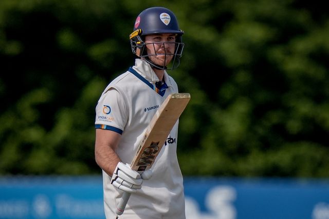 Matthew Montgomery raises his bat to the pavilion to celebrate scoring a fifty during the county Championship Division Two day 4 Derbyshire vs Gloucestershire at The Central Co-Op County Ground, Derby, United Kingdom on 27 April 2026

(Photo by Maynard Manyowa/News Images)