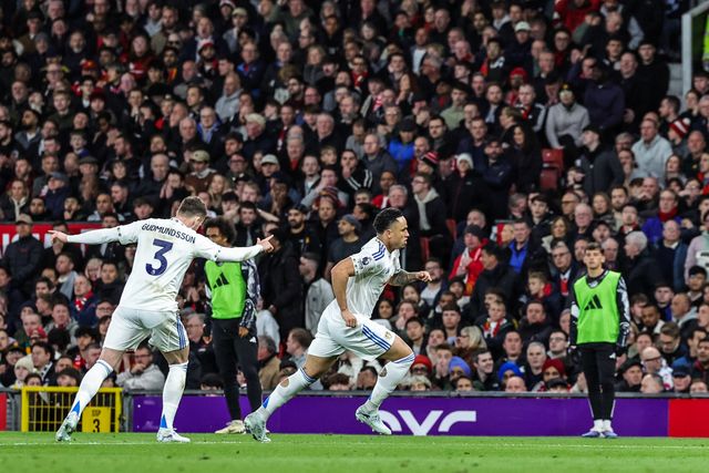 Noah Okafor of Leeds United celebrates his goal to make it 0-2 during the Premier League match Manchester United vs Leeds United at Old Trafford, Manchester, United Kingdom on 13 April 2026

(Photo by Mark Cosgrove/News Images)