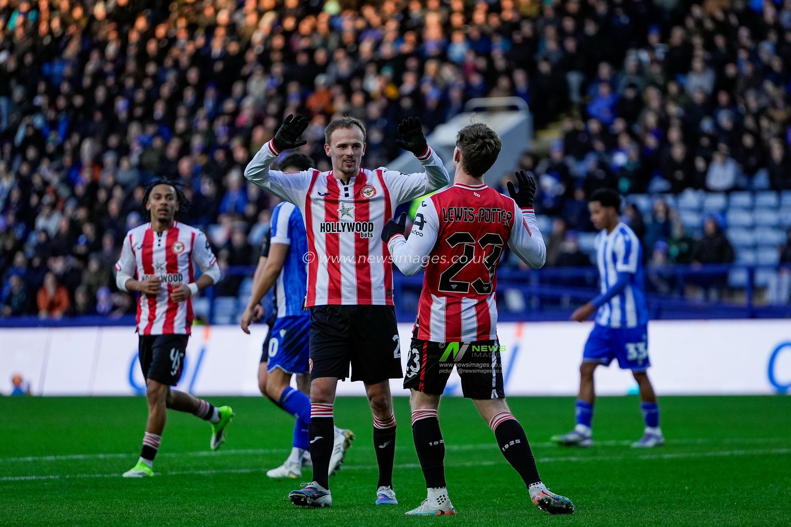 Keane Lewis-Potter of Brentford celebrates his goal to make it 1-0 with Mikkel Damsgaard of Brentford during the Emirates FA Cup Third Round match Sheffield Wednesday vs Brentford at Hillsborough, Sheffield, United Kingdom, 10th January 2026

(Photo by Maynard Manyowa/News Images)