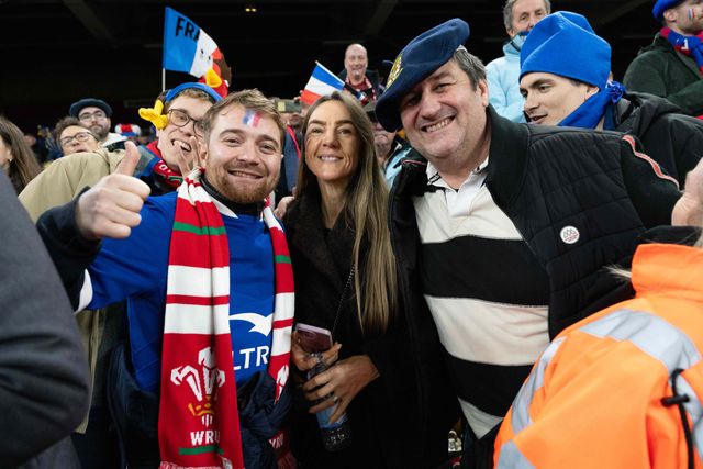 French fans celebrate during the Guinness Six Nations match Wales vs France at Principality Stadium, Cardiff, United Kingdom, 15th February 2026

(Photo by Andrew Lewis/News Images)