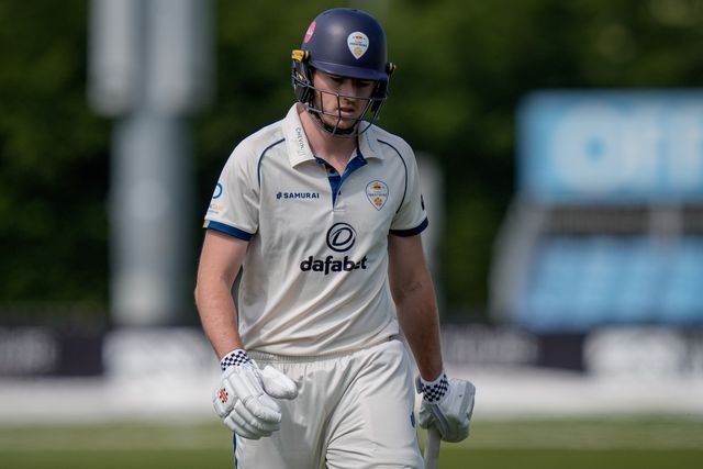 Martin Andersson  of Derbyshire walks off dejected after losing his wicket during the county Championship Division Two day 4 Derbyshire vs Gloucestershire at The Central Co-Op County Ground, Derby, United Kingdom on 27 April 2026

(Photo by Maynard Manyowa/News Images)