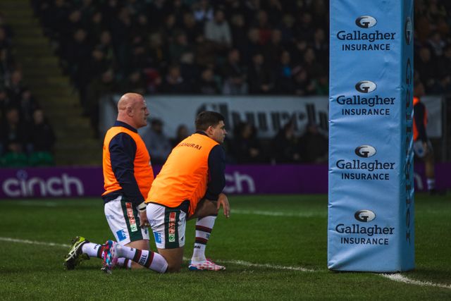 Dan Cole and Ben Youngs watch on from the sidelines during the first half during the Gallagher Premiership match Northampton Saints vs Leicester Tigers at Cinch Stadium at Franklin's Gardens, Northampton, United Kingdom, 21st March 2025

(Photo by Craig Evans/News Images)