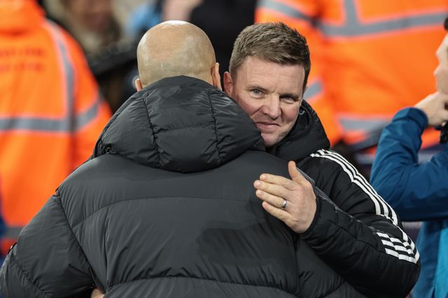 Eddie Howe manager of Newcastle United is greeted by Pep Guardiola manager of Manchester City during the Premier League match Manchester City vs Newcastle Untied at Etihad Stadium, Manchester, United Kingdom on 21 February 2026

(Photo by Mark Cosgrove/News Images)