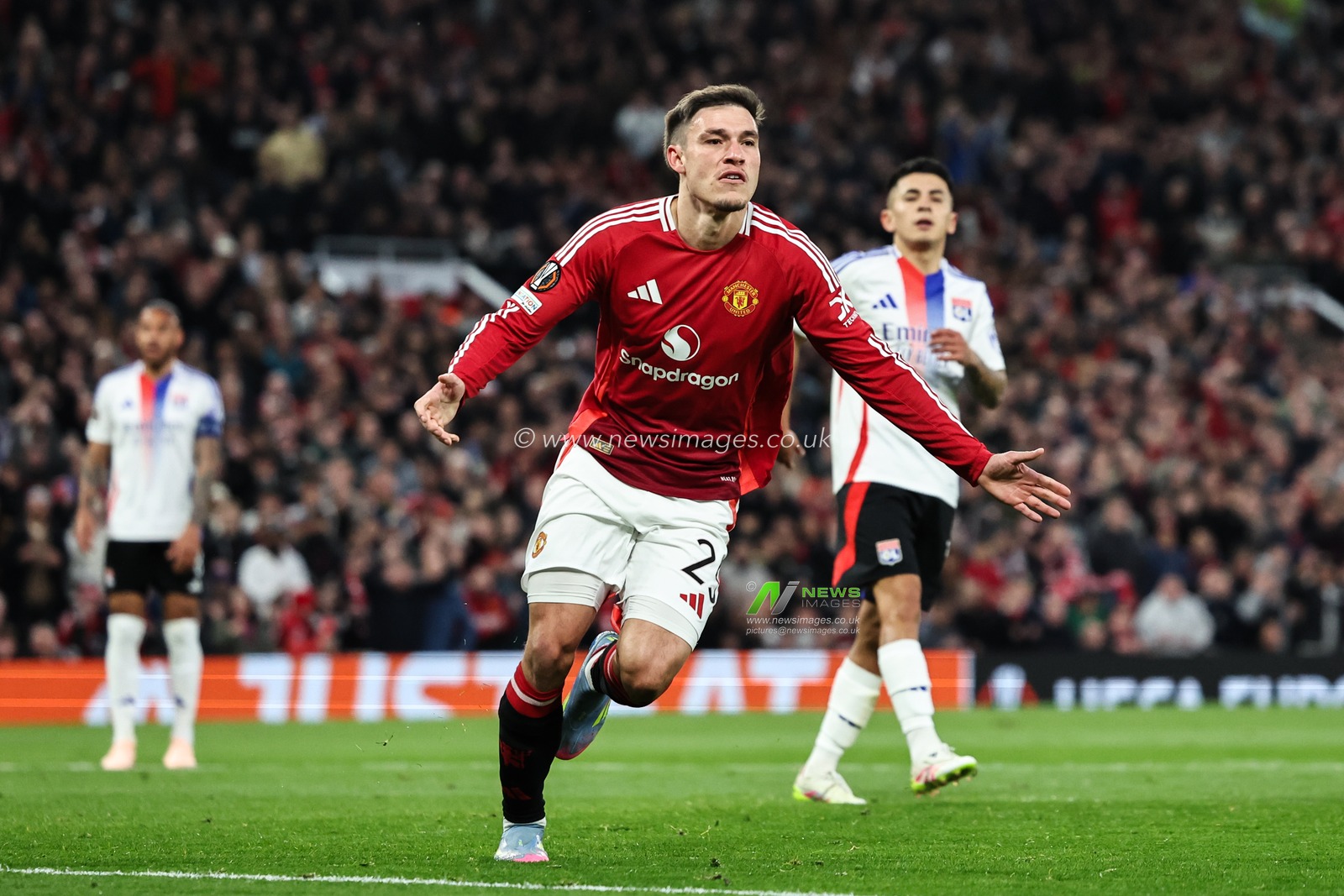 Manuel Ugarte of Manchester United celebrates his goal to make it 1-0 during the UEFA Europa League Quarter-finals match Manchester United vs Lyon at Old Trafford, Manchester, United Kingdom, 17th April 2025

(Photo by Mark Cosgrove/News Images)