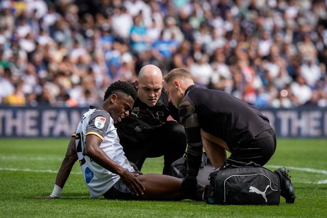 Jaydon Banel of Derby County goes down injured, receives treatment after an injury and is substituted off during the Sky Bet Championship match Derby County vs Sheffield United at Pride Park Stadium, Derby, United Kingdom on 02 May 2026

(Photo by Maynard Manyowa/News Images)