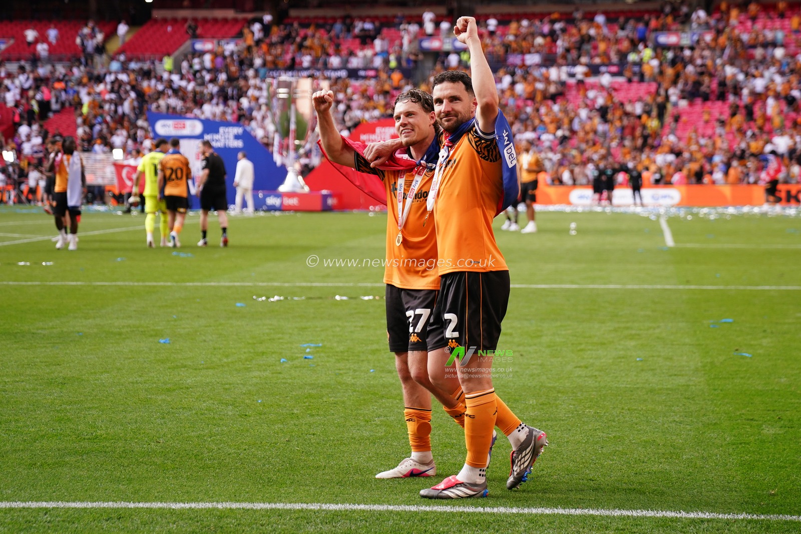 Lewis Coyle of Hull City and Regan Slater of Hull City celebrate play off final win during the Sky Bet Championship Playoffs Final match Hull City vs Middlesbrough at Wembley Stadium, London, United Kingdom on 23 May 2026

(Photo by Harvey Murphy/News Images)