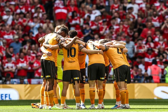 Hull City have a team huddle during the Sky Bet Championship Playoffs Final match Hull City vs Middlesbrough at Wembley Stadium, London, United Kingdom on 23 May 2026

(Photo by Alfie Cosgrove/News Images)
