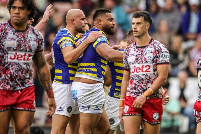Toafofoa Sipley of Warrington Wolves celebrates his try during the Betfred Super League round 20 match Leigh Leopards vs Warrington Wolves at Leigh Sports Village, Leigh, United Kingdom on 25 July 2026

(Photo by Alfie Cosgrove/News Images)