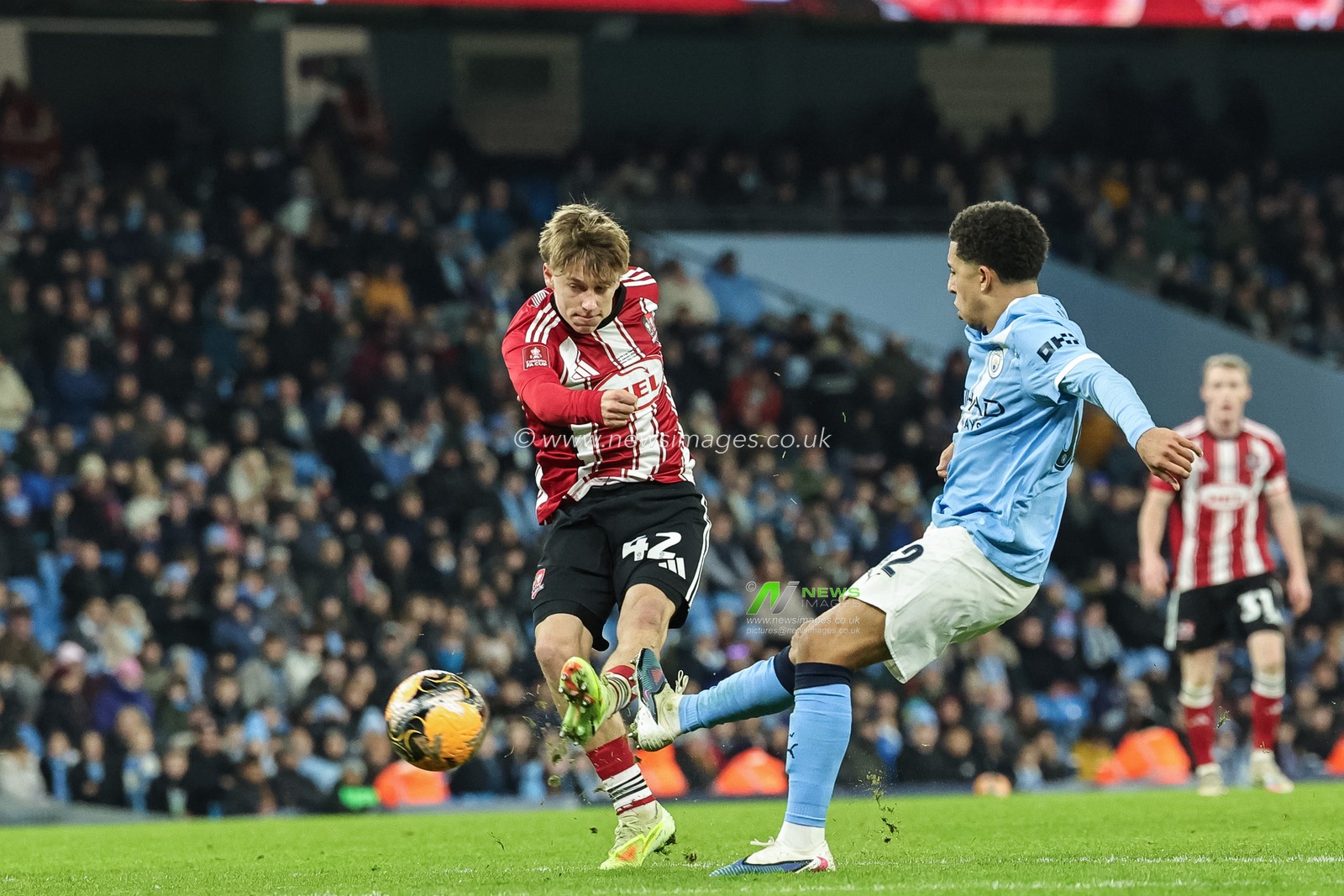 George Birch of Exeter City scores to make it 9-1 during the Emirates FA Cup Third Round match Manchester City vs Exeter City at Etihad Stadium, Manchester, United Kingdom, 10th January 2026

(Photo by Mark Cosgrove/News Images)