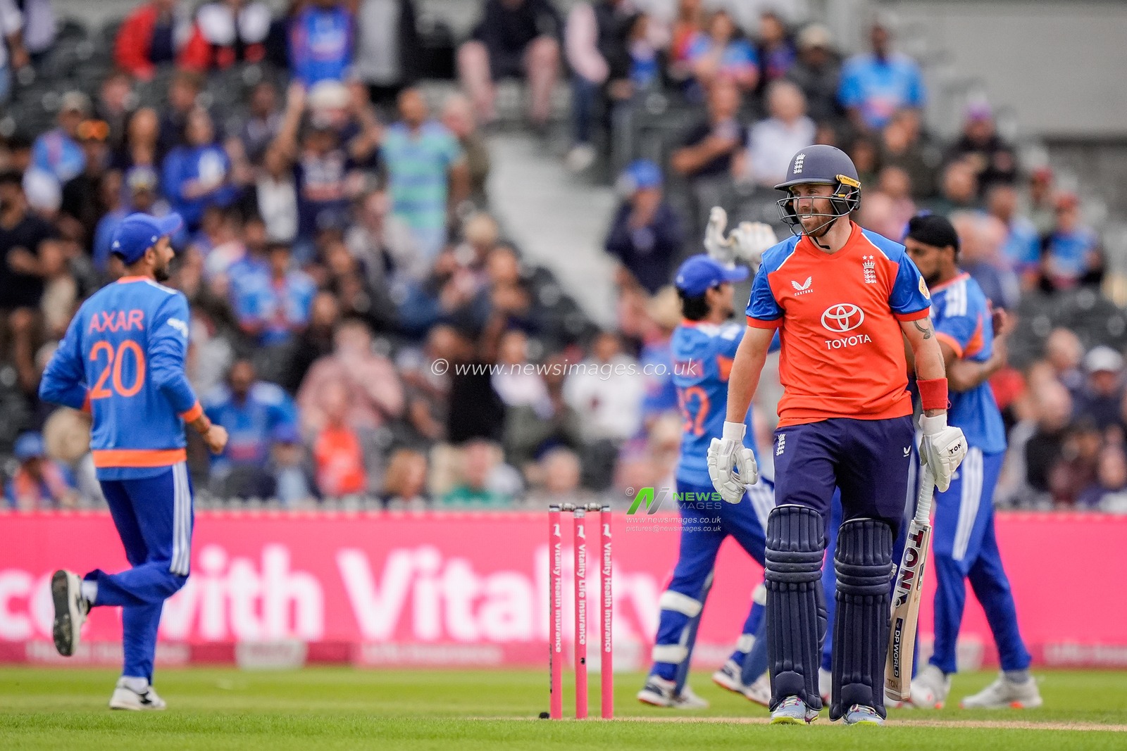 Phil Salt of England walks off after he edges the ball and is caught off the bowling of Arshdeep Singh of India during the Second Vitality T20 International match England vs India at Old Trafford, Manchester, United Kingdom on 04 July 2026

(Photo by Maynard Manyowa/News Images)