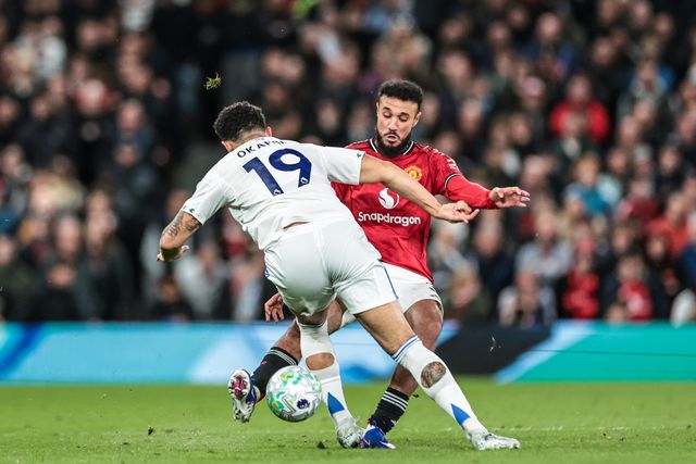 Noah Okafor of Leeds United and Noussair Mazraoui of Manchester United battle for the ball during the Premier League match Manchester United vs Leeds United at Old Trafford, Manchester, United Kingdom on 13 April 2026

(Photo by Mark Cosgrove/News Images)