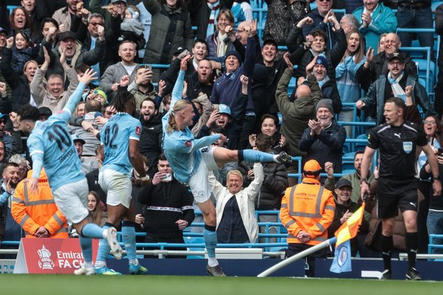 Erling Haaland of Manchester City celebrates his goal to make it 2-0 during the Emirates FA Cup Quarter-Final match Manchester City vs Liverpool at Etihad Stadium, Manchester, United Kingdom on 04 April 2026

(Photo by Mark Cosgrove/News Images)