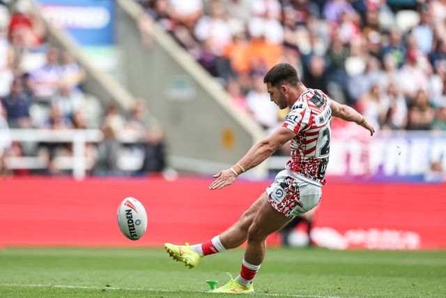 Ben Mcnamara of Leigh Leopards converts for a goal during the Betfred Magic Weekend 2025 match Leigh Leopards vs Catalans Dragons at St. James's Park, Newcastle, United Kingdom, 3rd May 2025

(Photo by Mark Cosgrove/News Images)