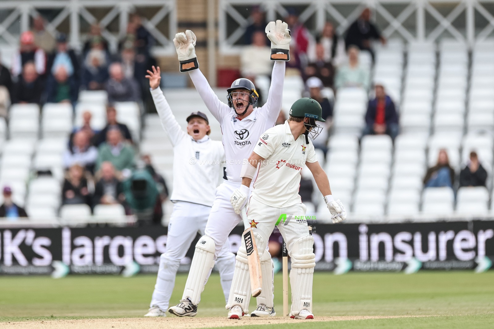 Appeals for LBW by Jamie Smith of England on Ben Curran of Zimbabwe are cut short as the video referee rules him not out during the Rothesay Test Match Day 3 England vs Zimbabwe at Trent Bridge, Nottingham, United Kingdom, 24th May 2025

(Photo by Mark Cosgrove/News Images)