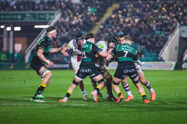 Harry Wells makes a carry with support from Cameron Henderson and Handre Pollard during the Gallagher Premiership match Northampton Saints vs Leicester Tigers at Cinch Stadium at Franklin's Gardens, Northampton, United Kingdom, 21st March 2025

(Photo by Craig Evans/News Images)