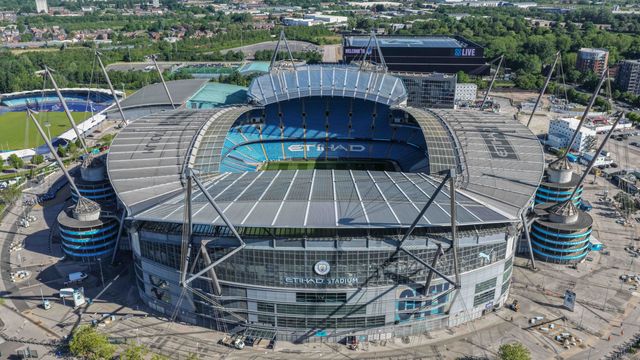 An aerial view op the Etihad Stadium and the new  Pep Guardiola Stand during the Premier League match Manchester City vs Aston Villa at Etihad Stadium, Manchester, United Kingdom on 24 May 2026

(Photo by Mark Cosgrove/News Images)