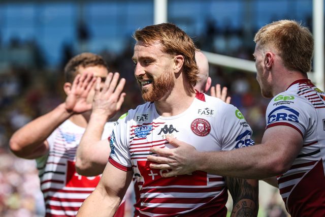 Adam Keighran of Wigan Warriors celebrates his try during the Betfred Super League round 15 match York Knights vs Wigan Warriors at LNER Community Stadium, York, United Kingdom on 20 June 2026

(Photo by Alfie Cosgrove/News Images)
