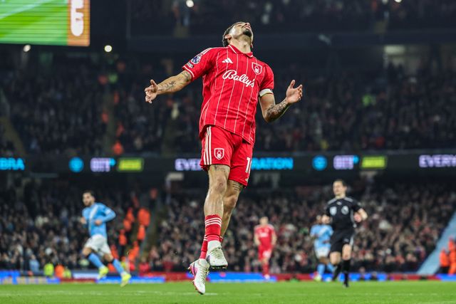 Morgan Gibbs-White of Nottingham Forest reacts after a missed chance on goal during the Premier League match Manchester City vs Nottingham Forest at Etihad Stadium, Manchester, United Kingdom on 04 March 2026

(Photo by Mark Cosgrove/News Images)