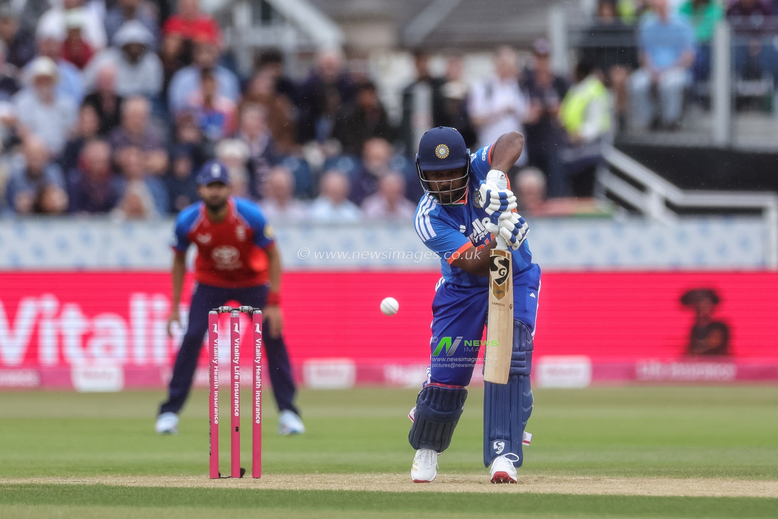 Sanju Samson of India hits the ball for one run during the First Vitality T20 International match England vs India at Banks Homes Riverside Stadium, Chester-le-street, United Kingdom on 01 July 2026

(Photo by Mark Cosgrove/News Images)