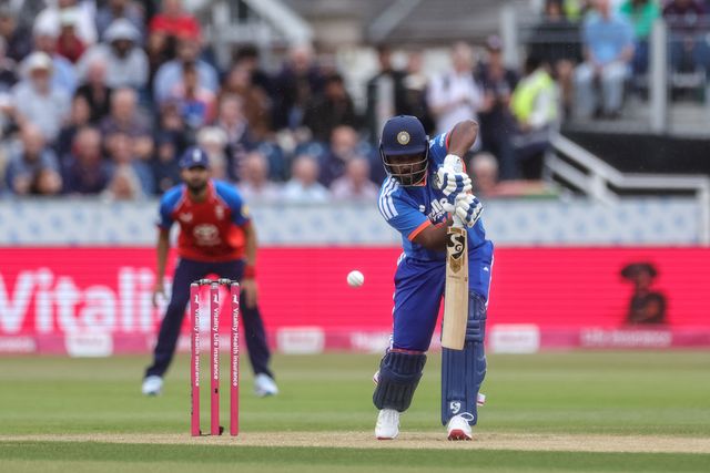 Sanju Samson of India hits the ball for one run during the First Vitality T20 International match England vs India at Banks Homes Riverside Stadium, Chester-le-street, United Kingdom on 01 July 2026

(Photo by Mark Cosgrove/News Images)