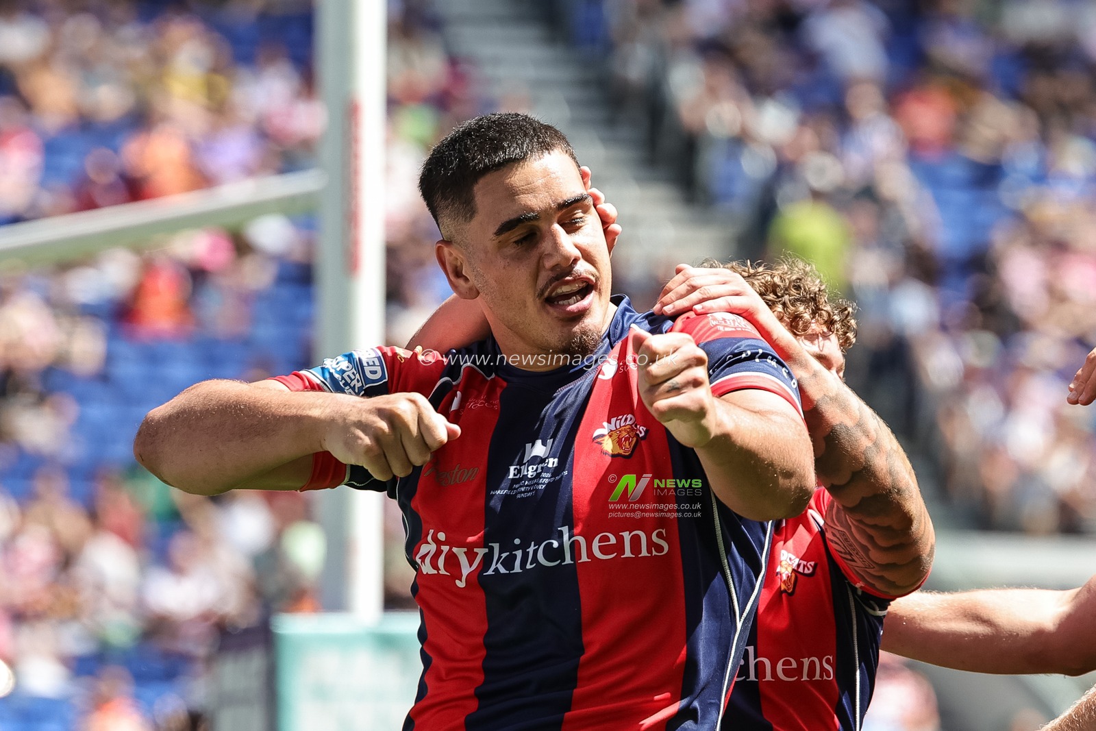 Caleb Hamlin-Uele of Wakefield Trinity celebrates his try during the Betfred Super League Magic Weekend match Wakefield Trinity vs Castleford Tigers at Hill Dickinson Stadium, Liverpool, United Kingdom on 05 July 2026

(Photo by Mark Cosgrove/News Images)