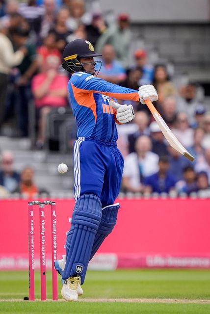Abhishek Sharma of India hit on the hand while batting during the Second Vitality T20 International match England vs India at Old Trafford, Manchester, United Kingdom on 04 July 2026

(Photo by Maynard Manyowa/News Images)