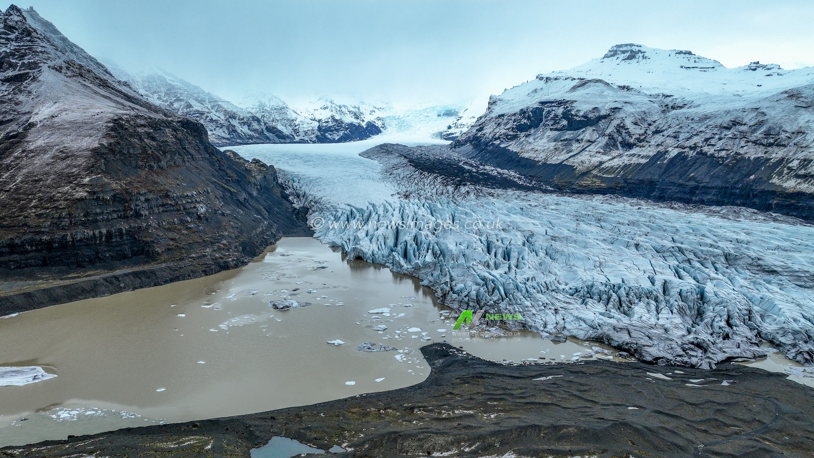 An aerial view of Skaftafell Glacier. Skaftafell Glacier, part of VatnajÃ¶kull National Park in Iceland, is a stunning natural wonder characterized by its breathtaking ice formations and rugged landscapes. Skaftafell Glacier, Skaftafell, Iceland, 25th March 2025

(Photo by Mark Cosgrove/News Images)