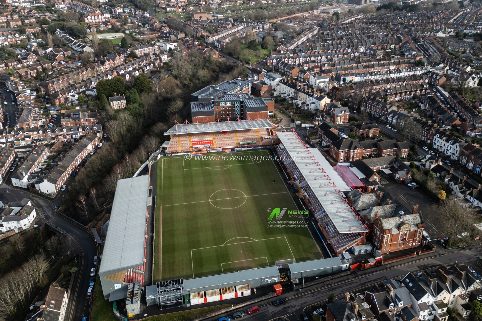An aerial view of St Jamesâ€™ Park, home of Exeter City ahead of the Sky Bet League 1 match Exeter City vs Blackpool at St James' Park, Exeter, United Kingdom, 25th January 2025

(Photo by Gareth Evans/News Images)