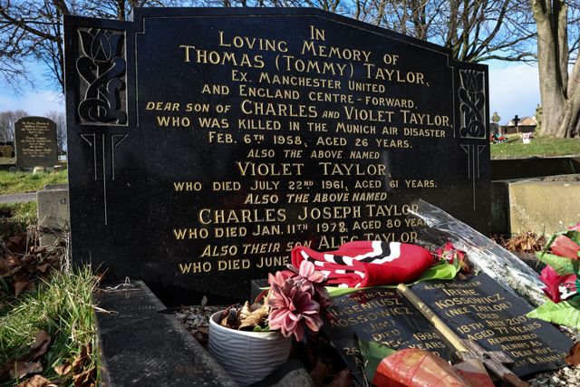 A general view of former Barnsley FC and Manchester United and England international forward Tommy Taylor grave and headstone 67 years after 23 passengers 8 of whom were Manchester United players sadly lost their lives in the Munich Air disaster on the 6th of February 1958;  Monk Bretton Cemetery, Monk Bretton, Barnsley, United Kingdom, 6th February 2025.

(Photo by Mark Cosgrove/News Images)