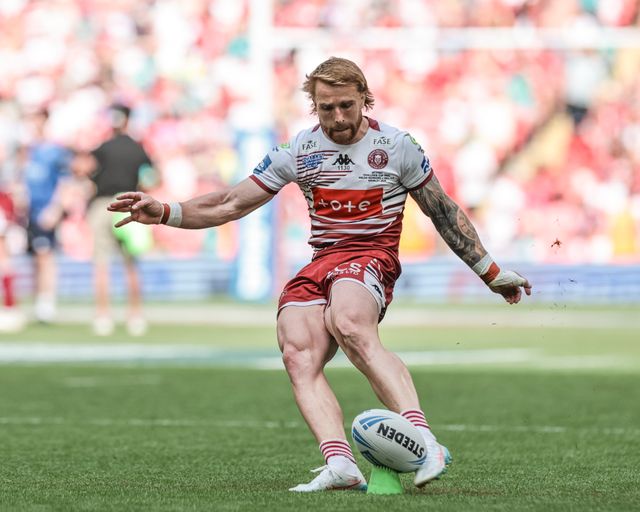 Adam Keighran of Wigan Warriors converts for a goal during the Betfred Challenge Cup Final match Wigan Warriors vs Hull KR at Wembley Stadium, London, United Kingdom on 30 May 2026

(Photo by Mark Cosgrove/News Images)